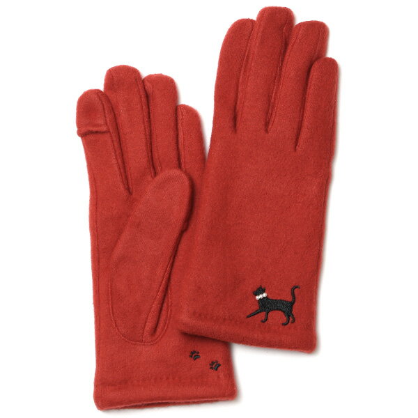 KURODA(クロダ) おさんぽねこ レディース 手袋 スマホ操作可能 レッド ワイン 赤色 暖かい 裏起毛 防寒 猫 動物 アニマル キャラクター 刺繍 かわいい 暖かい 裏起毛 日本企画 ブランド タッチパネル スマートフォン