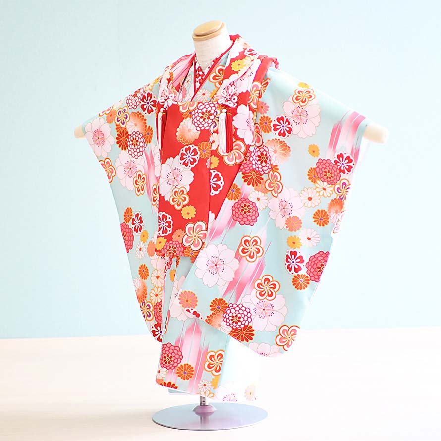 【レンタル】七五三 着物 3歳 女の子 フルセット レンタル【030094】【水色・赤/花】七五三 レンタル 3歳/三歳/3才/女児/753