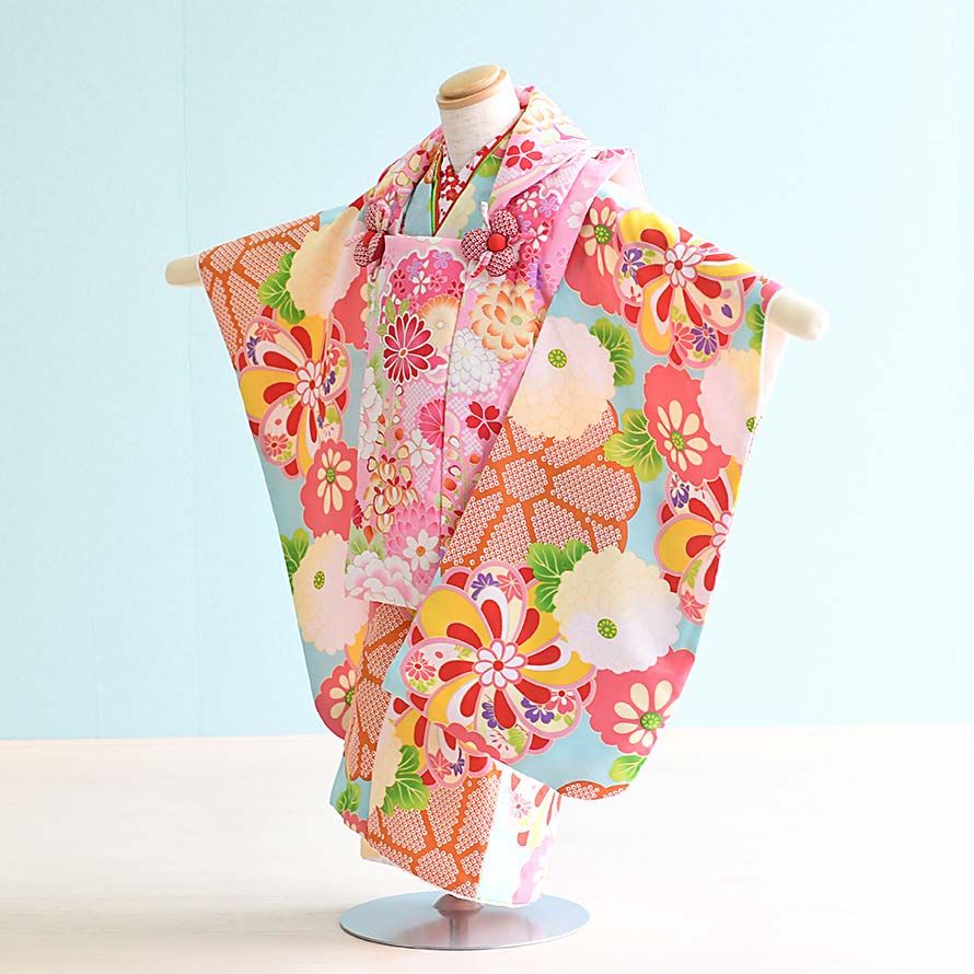 【レンタル】七五三 着物 3歳 女の子 フルセット レンタル【030095】【水色・ピンク/花】七五三 レンタル 3歳/三歳/3才/女児/753