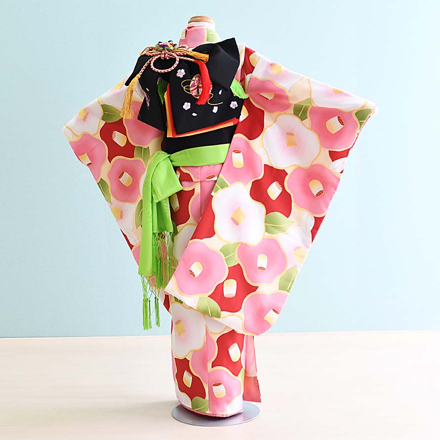 【レンタル】七五三 着物 7歳 女の子 フルセット レンタル【070113】【クリーム/つばき】【花わらべ】七五三 レンタル 7歳/七歳/7才/女児/753 2