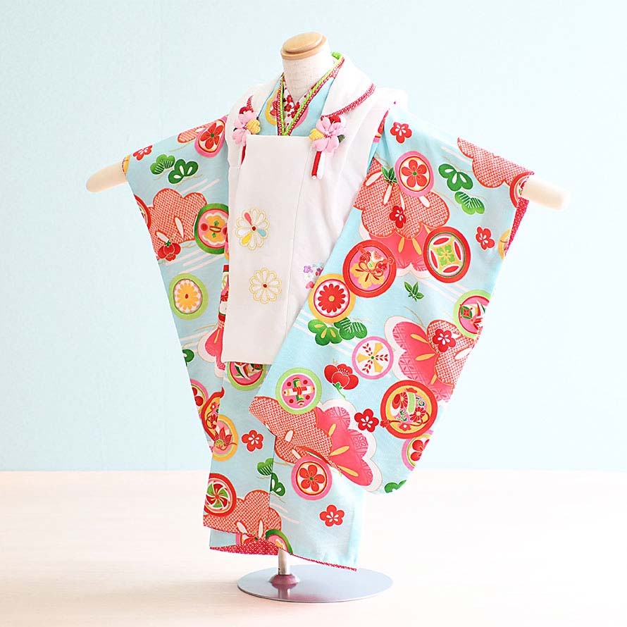 【レンタル】七五三 着物 3歳 女の子 フルセット レンタル【030123】【水色・白/花・松】【式部浪漫】七五三 レンタル 3歳/三歳/3才/女児/753