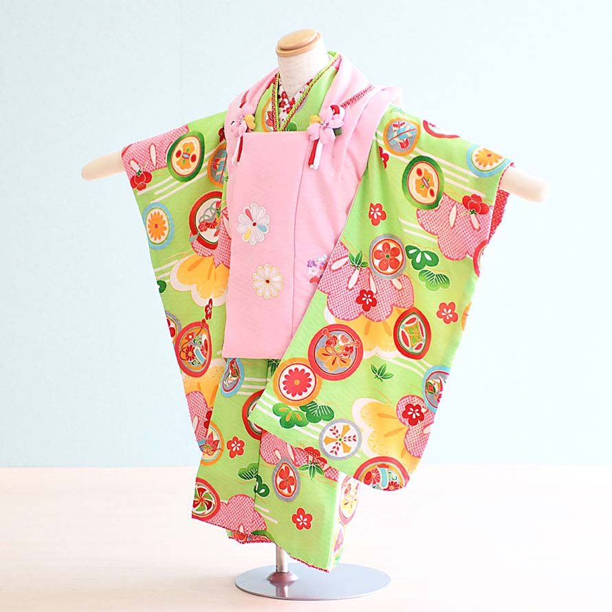 【レンタル】七五三 着物 3歳 女の子 フルセット レンタル【030124】【黄緑・ピンク/花・松】【式部浪漫】七五三 レンタル 3歳/三歳/3才/女児/753