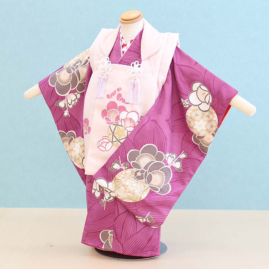 【レンタル】七五三 着物 3歳 女の子 フルセット レンタル【030181】【赤紫・ピンク/まり・うめ】七五三 レンタル 3歳/三歳/3才/女児/753