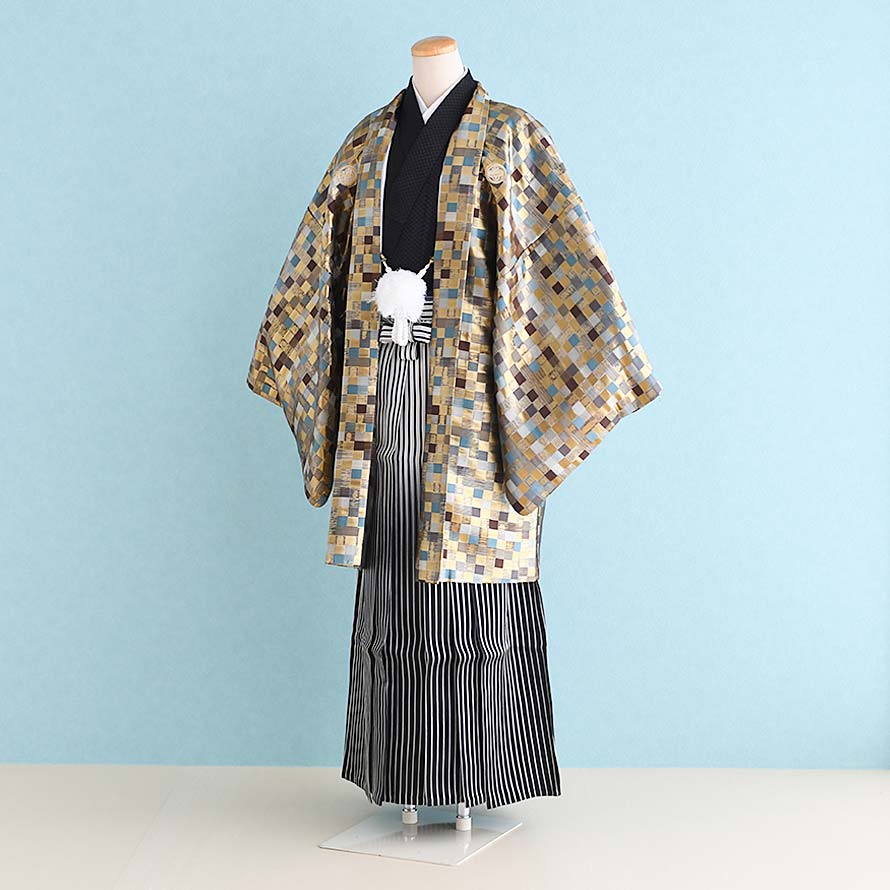 【レンタル】男性用 袴 レンタル 卒業式 結婚式 セット【DH0050】【金茶×黒|白×黒・線 】羽織袴/紋付袴/メンズ袴/激安/格安