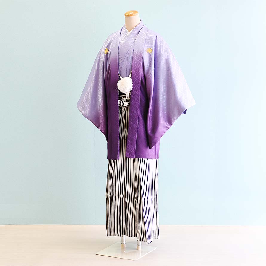 【レンタル】男性用 袴 レンタル 卒業式 結婚式 セット【DH0043】【紫/ぼかし|白・黒・銀/ぼかし・縞】羽織袴/紋付袴/メンズ袴/激安/格安