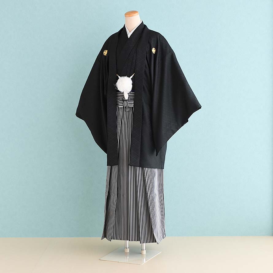 【レンタル】男性用 袴 レンタル 卒業式 結婚式 セット【DH0041】【黒|黒・グレー/縞】羽織袴/紋付袴/メンズ袴/激安/格安