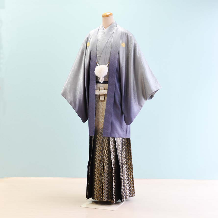 【レンタル】男性用 袴 レンタル 成人式 セット【DH0037】【グレー/ぼかし|白・黒・金・銀/ぼかし・幾何学】羽織袴/紋付袴/メンズ袴/激安/格安