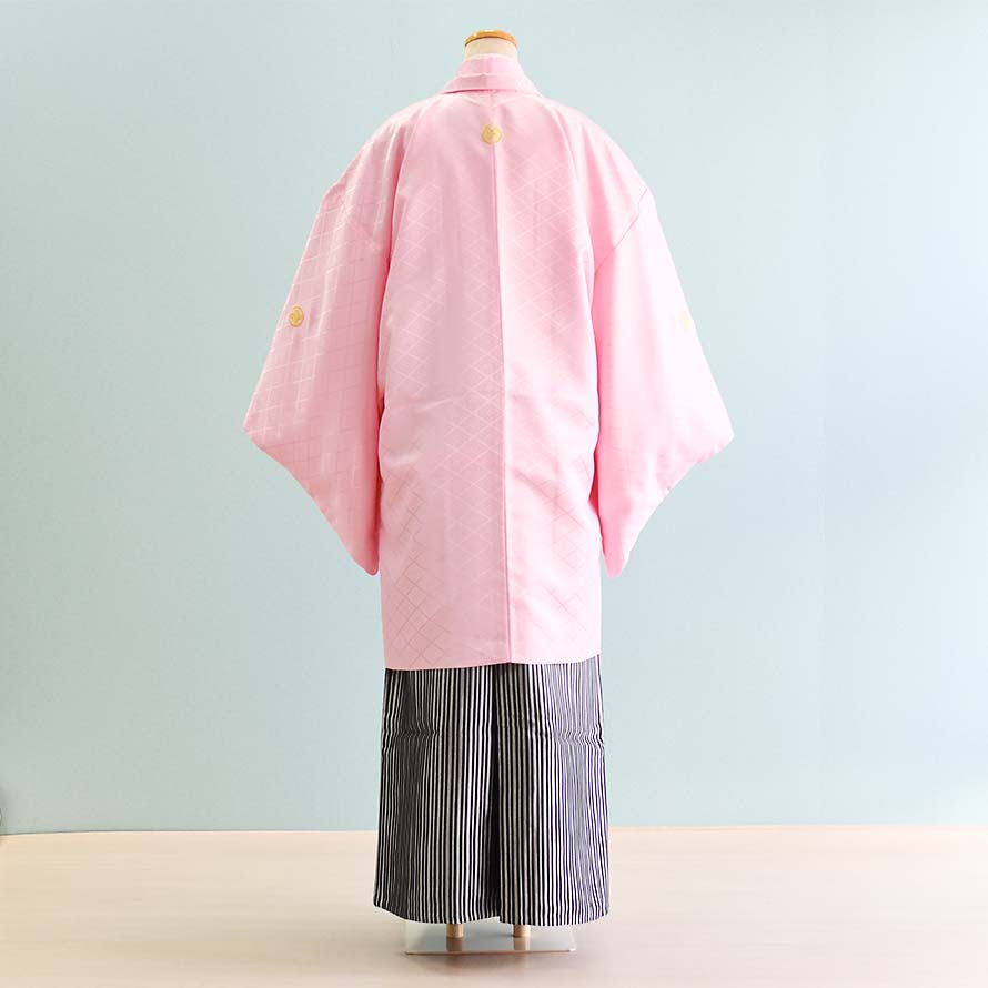 【レンタル】男性用 袴 レンタル 成人式 セット【DH0034】【ピンク|白・黒/ぼかし・縞】羽織袴/紋付袴/メンズ袴