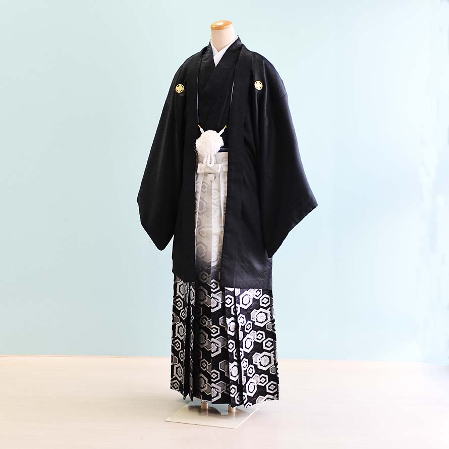 【レンタル】男性用 袴 レンタル 卒業式 結婚式 セット【DH0070】【黒|白・黒/ぼかし銀紋】羽織袴/紋付袴/メンズ袴/激安/格安