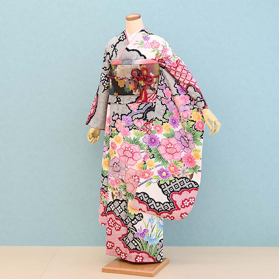【レンタル】振袖レンタル 結婚式 結納 フルセット【FS0211】【グレー/花柄・総絞り】