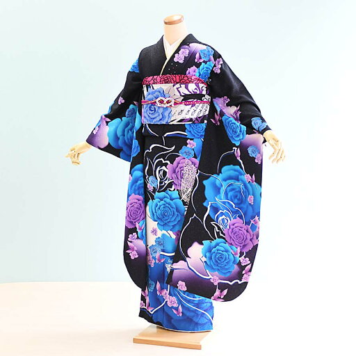 【レンタル】振袖レンタル 結婚式 結納 フルセット【FS0278】【黒・青/バラ】激安/格安 【レンタル】振袖レンタル 結婚式 結納 フルセット【FS0278】【黒・青/バラ】激安/格安