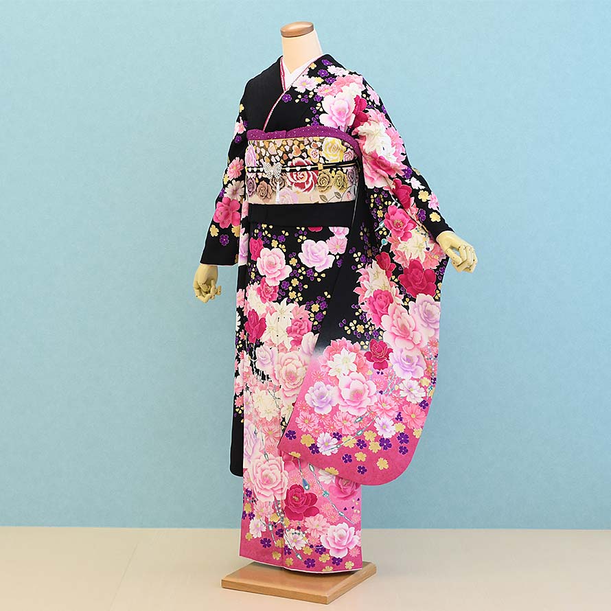 【レンタル】振袖レンタル 結婚式 結納 フルセット【FS0330】【黒×ピンク/バラ】