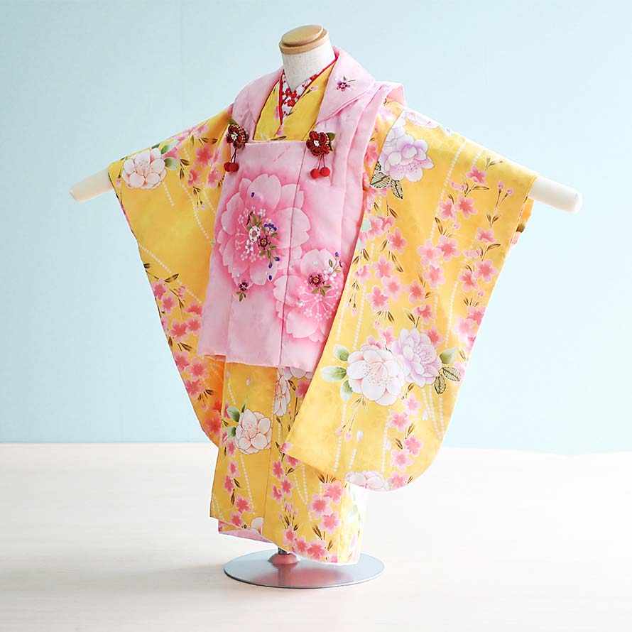 【レンタル】七五三 着物 3歳 女の子 フルセット レンタル【030015】【黄×ピンク/花】【キクチリョウコ】七五三 レンタル 3歳/三歳/3才/女児/753