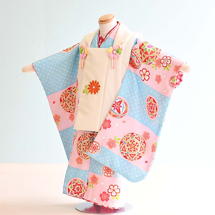 【レンタル】七五三 着物 3歳 女の子 フルセットレンタル【030050】【ピンク×水色・クリーム/市松】【式部浪漫】七五三 レンタル 3歳/三歳/3才/女児/...