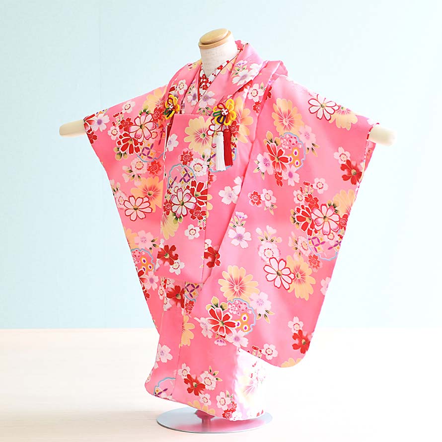 【レンタル】七五三 着物 3歳 女の子 フルセット レンタル【030058】【ピンク/花】七五三 レンタル 3歳/三歳/3才/女児/753