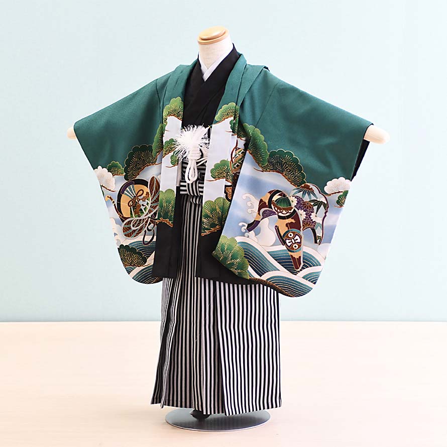 楽天東京レンタルいしょう　楽天市場店【レンタル】七五三 着物 3歳 男の子 フルセット レンタル【3M0020】【緑/たか】【100】七五三 レンタル 3歳/三歳/3才/男児/753