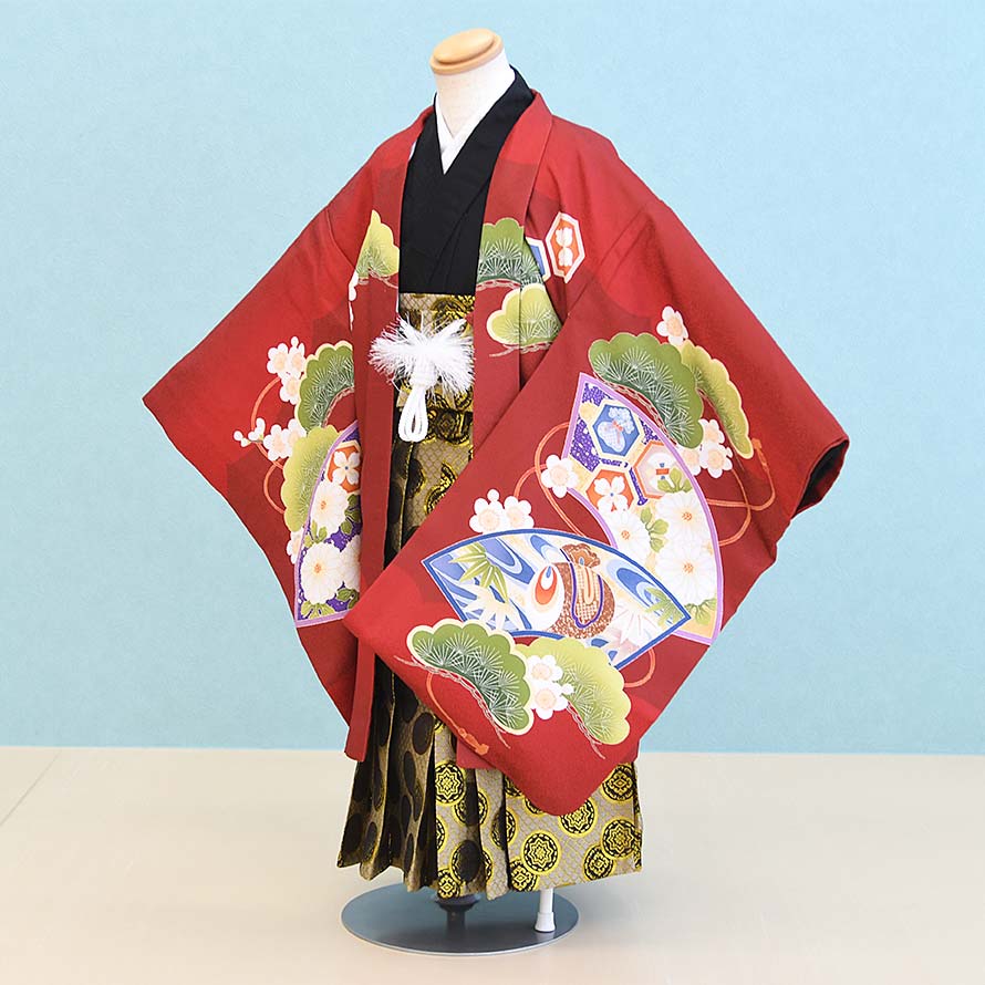 楽天東京レンタルいしょう　楽天市場店【レンタル】七五三 着物 5歳 男の子 フルセット レンタル【050149】【赤/たか・扇面・松】七五三 レンタル 5歳/五歳/5才/男児/753