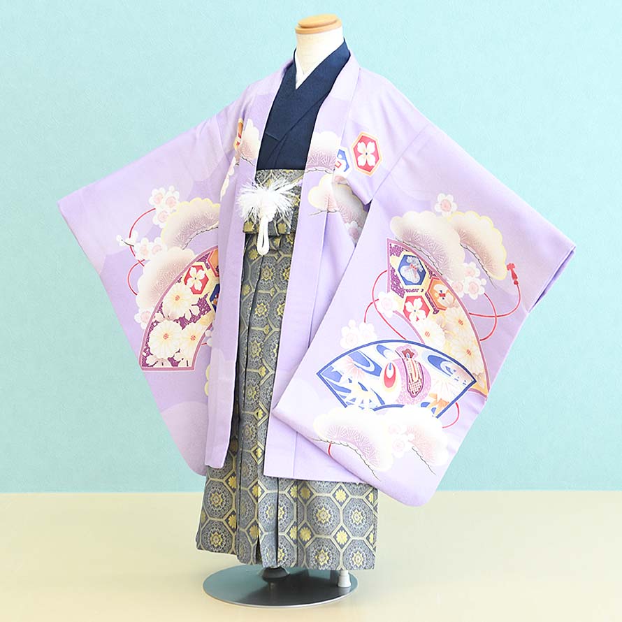 楽天東京レンタルいしょう　楽天市場店【レンタル】七五三 着物 5歳 男の子 フルセット レンタル【050150】【うす紫/たか・扇面・松】七五三 レンタル 5歳/五歳/5才/男児/753