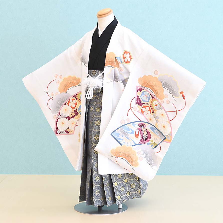 楽天東京レンタルいしょう　楽天市場店【レンタル】七五三 着物 5歳 男の子 フルセット レンタル【050151】【白/たか・扇面・松】七五三 レンタル 5歳/五歳/5才/男児/753