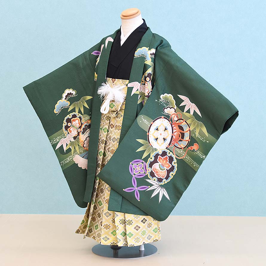 楽天東京レンタルいしょう　楽天市場店【レンタル】七五三 着物 5歳 男の子 フルセット レンタル【050152】【緑/かぶと・つづみ】七五三 レンタル 5歳/五歳/5才/男児/753