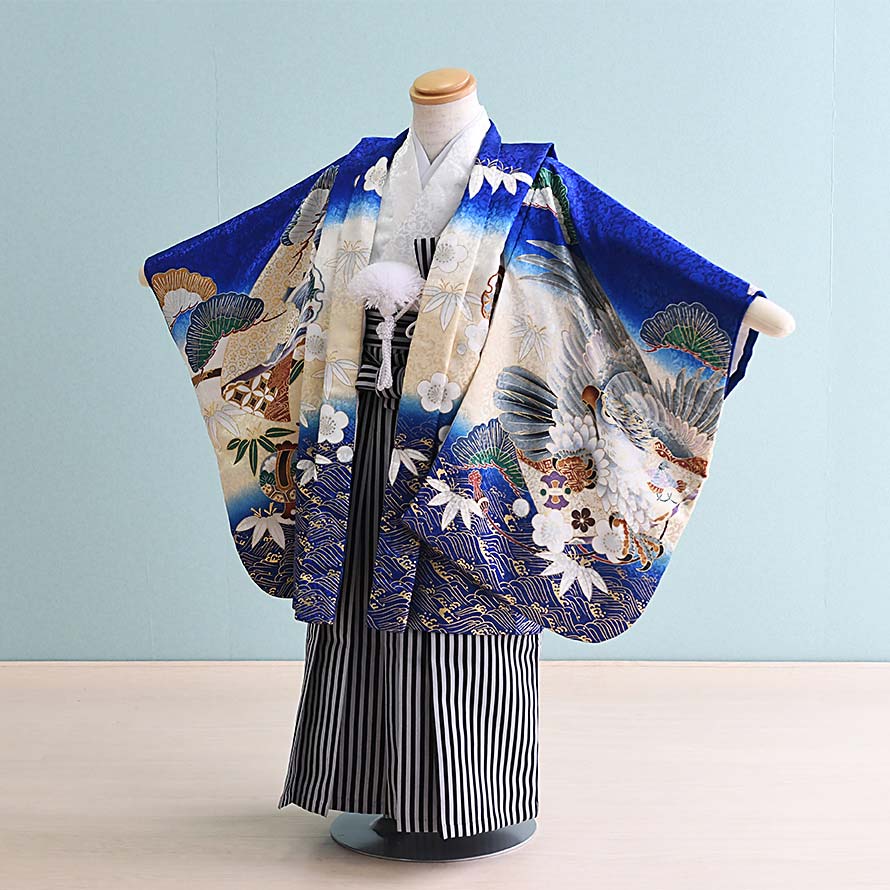 楽天東京レンタルいしょう　楽天市場店【レンタル】七五三 着物 5歳 男の子 フルセット レンタル【050099】【青×白/たか】七五三 レンタル 5歳/五歳/5才/男児/753