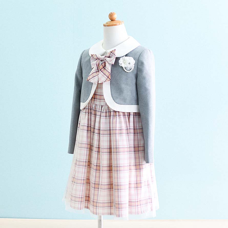 【レンタル】子供服 フォーマル レンタル 女の子【FG0042】】120】【グレー ピンク/チェック】【Lili Lundi】女の子 子供 スーツ レンタル/入学式/卒業式/卒園式/七五三/お呼ばれ/結婚式/冠婚葬祭/お受験服/激安/格安