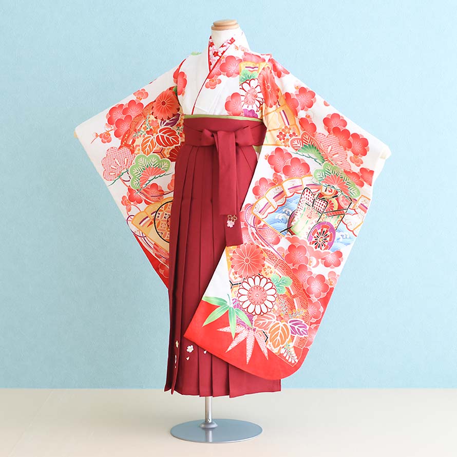 【レンタル】卒園式　袴　レンタル　女の子【7H0095】【白/梅|エンジ/刺繍】【6〜7歳】七五三 袴 レンタル 女の子/女児袴