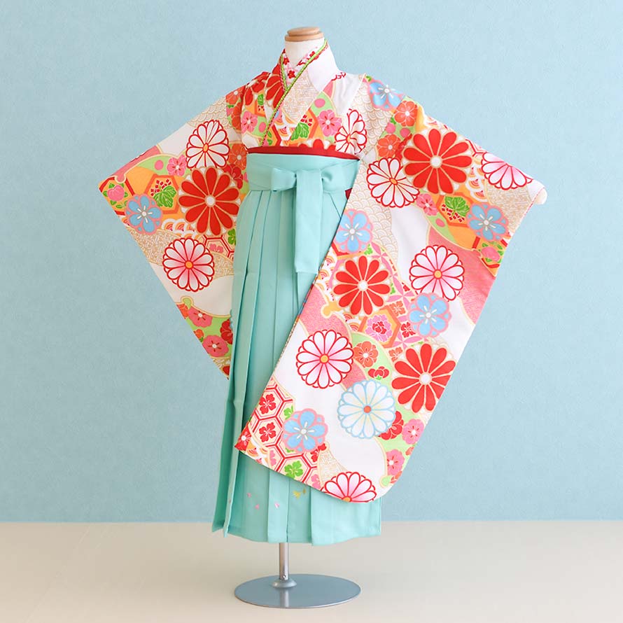 楽天東京レンタルいしょう　楽天市場店【レンタル】卒園式　袴　レンタル　女の子【7H0103】【白/花|ミントグリーン/刺繍】【式部浪漫】【6〜7歳】七五三 袴 レンタル 女の子/女児袴