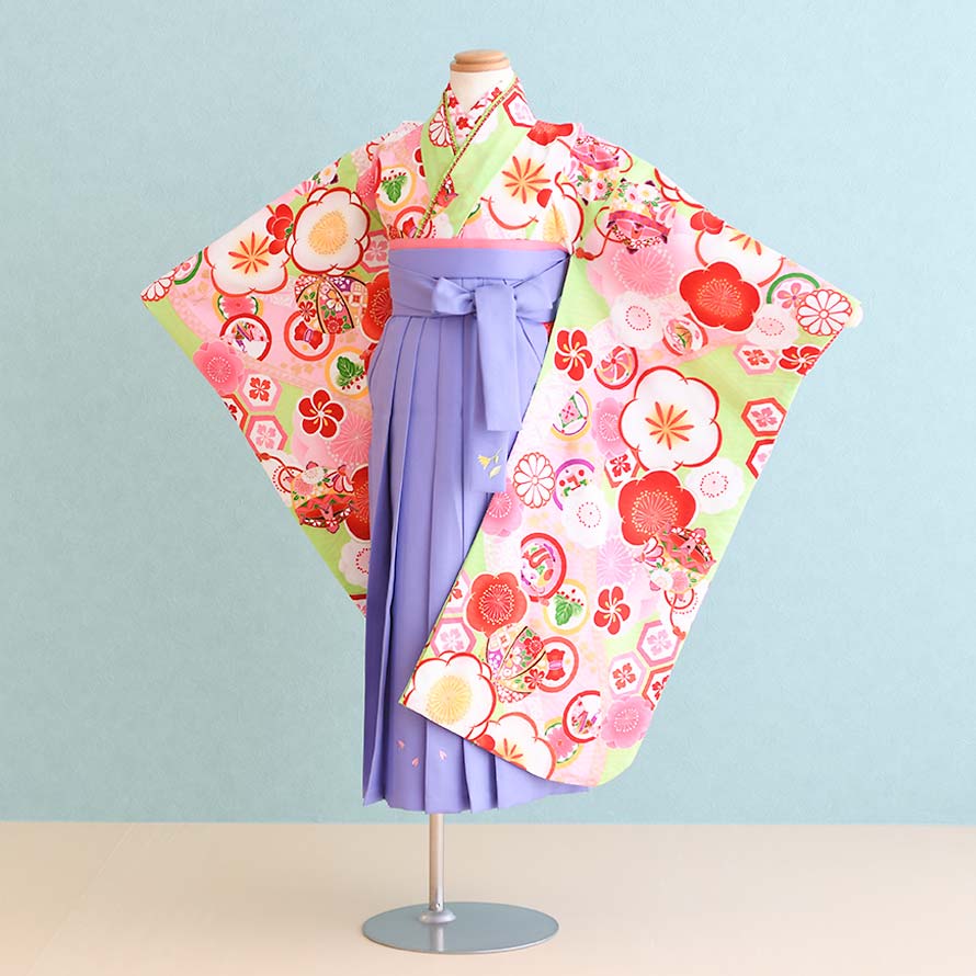 楽天東京レンタルいしょう　楽天市場店【レンタル】卒園式　袴　レンタル　女の子【7H0104】【黄緑×ピンク/梅|うす紫/刺繍】【式部浪漫】【6〜7歳】七五三 袴 レンタル 女の子/女児袴