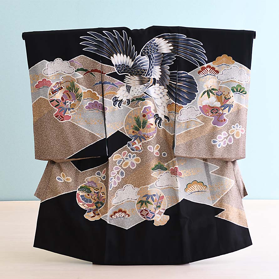 【レンタル】お宮参り 産着 レンタル 男の子【OB0020】【黒・茶/鷹】【正絹】お宮参り 男の子 レンタル/産着/のしめ/初着/男児/激安/格安