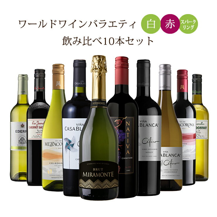 飲み比べ 赤ワイン 白ワイン スパークリングワイン ワールドワインバラエティ 10本セット チリ フランス イタリア スペイン 750ml 10本 日本酒類販売 送料無料