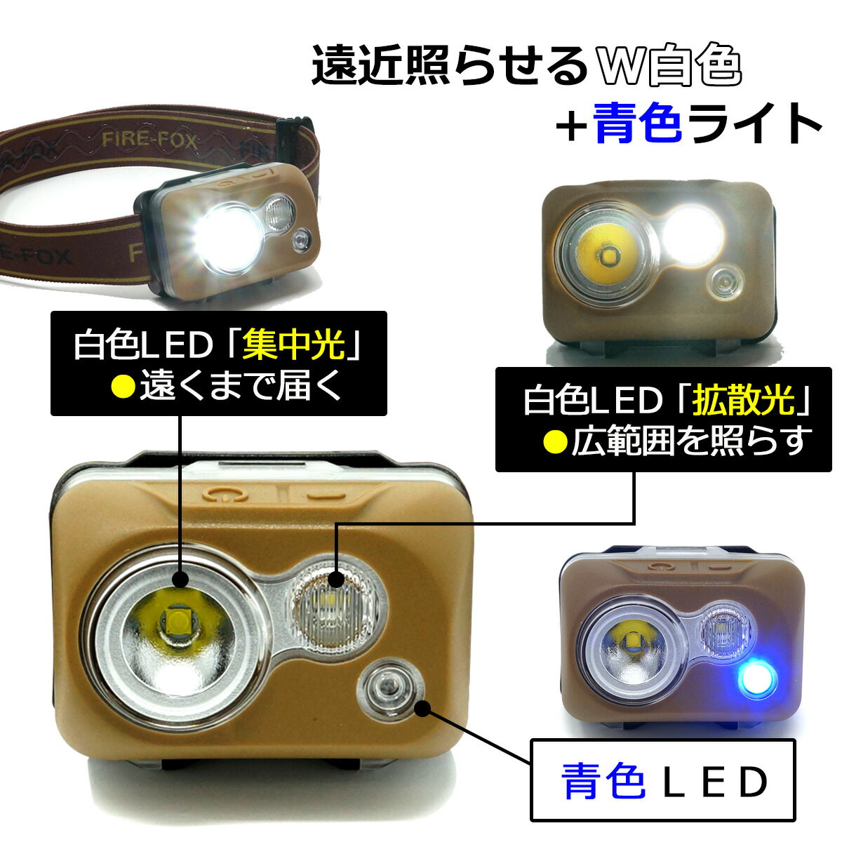 【本日ポイント5倍】 【防災 豪雨対策】 IPX8 防水 LED ヘッドランプ 滑らないヘッドバンド付 完全防水 青白 2色 切替式 FIREFOXブランド FX-1911 tkh通販格安セール情報 楽天 通販