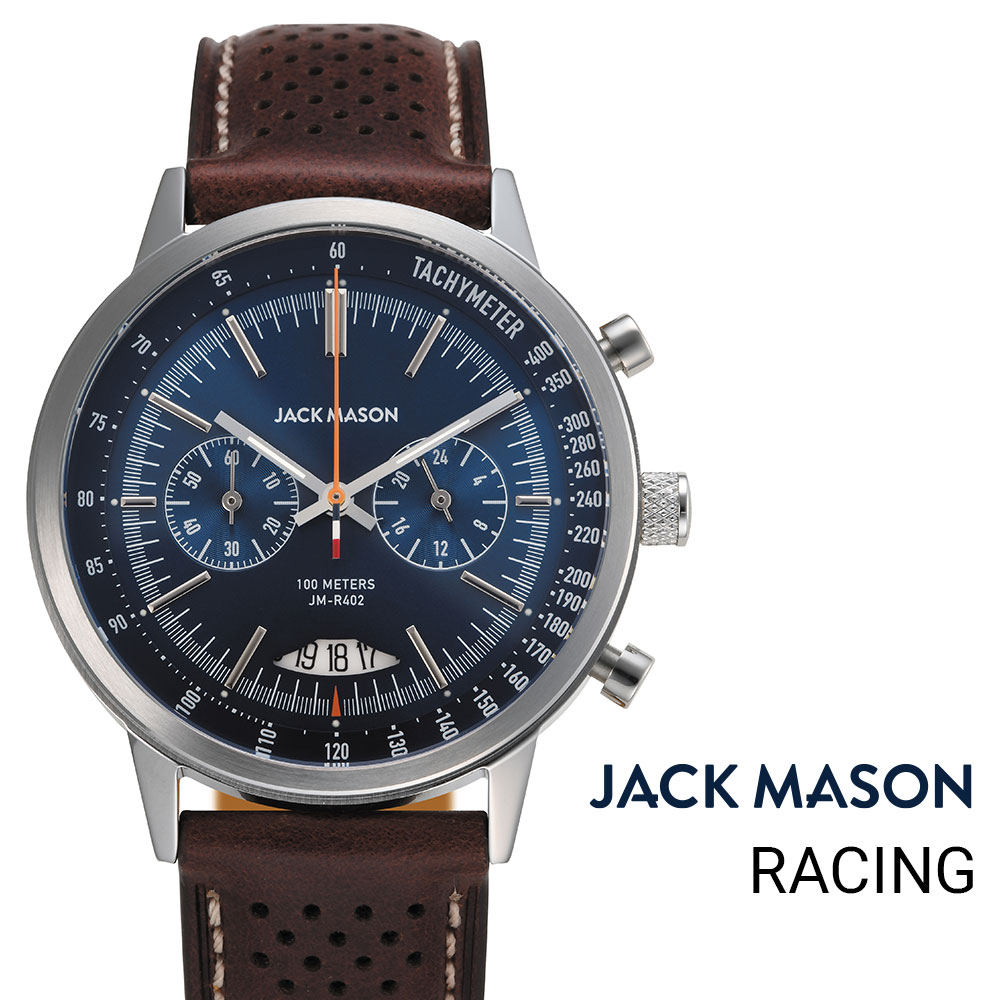 公式 ジャックメイソン 腕時計 JACK MASON RACING レーシング JM-R402-001 メンズ クオーツ パンチングレザーベルト 日本製ムーブメント ステンレススチールケース 10気圧防水 タキメーター クロノグラフ 男性 女性 ギフト 贈り物