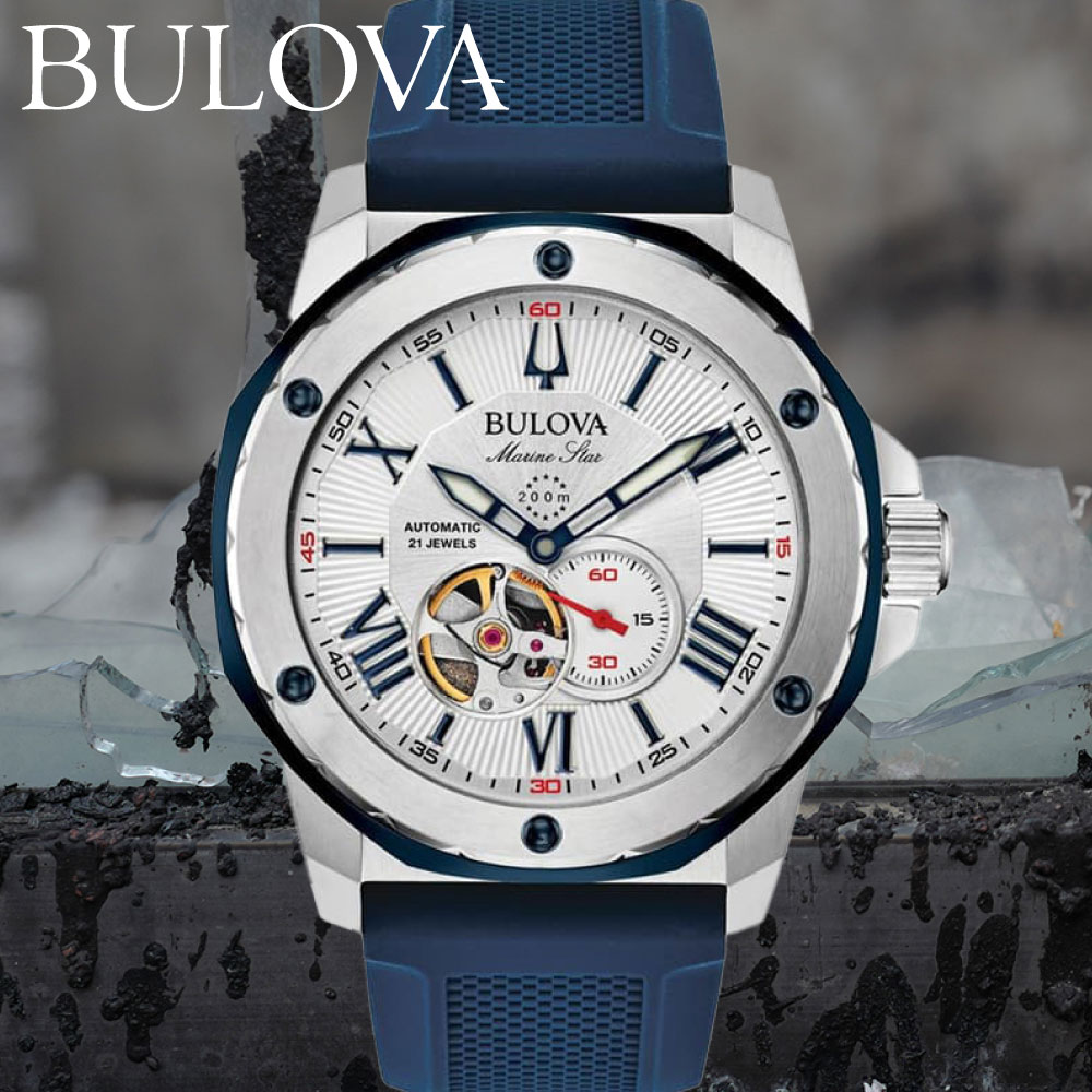 BULOVA 腕時計 Marine Star 98A225 ブローバ マリンスター BULOVA 腕時計 メンズ オートマウォッチ 自動巻き オートマチック 機械式 メカニカル シリコンベルト 2針 ラバーベルト オープンハート ローマ数字 アナログ 防水 ギフト 男性 彼氏 45mm