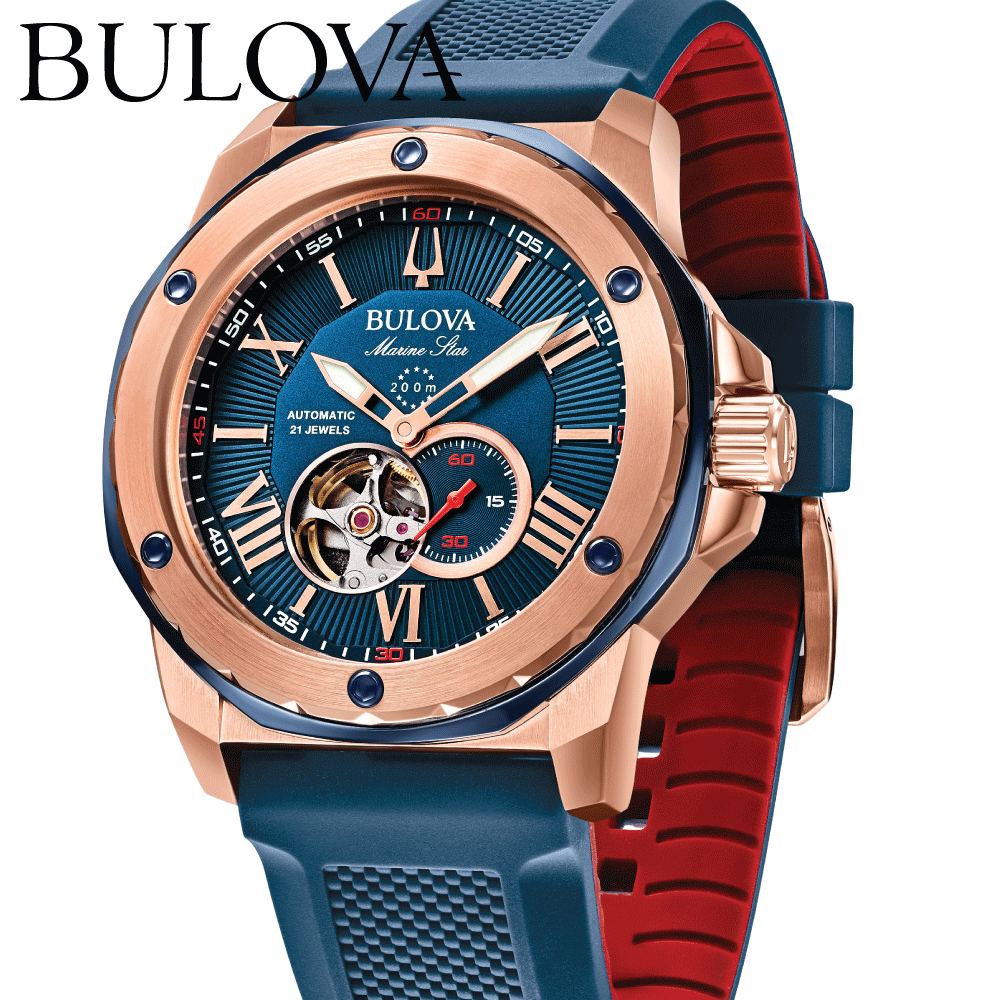 ブローバ 腕時計 メンズ 自動巻き BULOVA Marine Star bu-98a227 ブローバ マリンスター オートマウォッチ 機械式 メカニカル オープンハート 45mm ラバーベルト 防水 アラビア数字 正規品