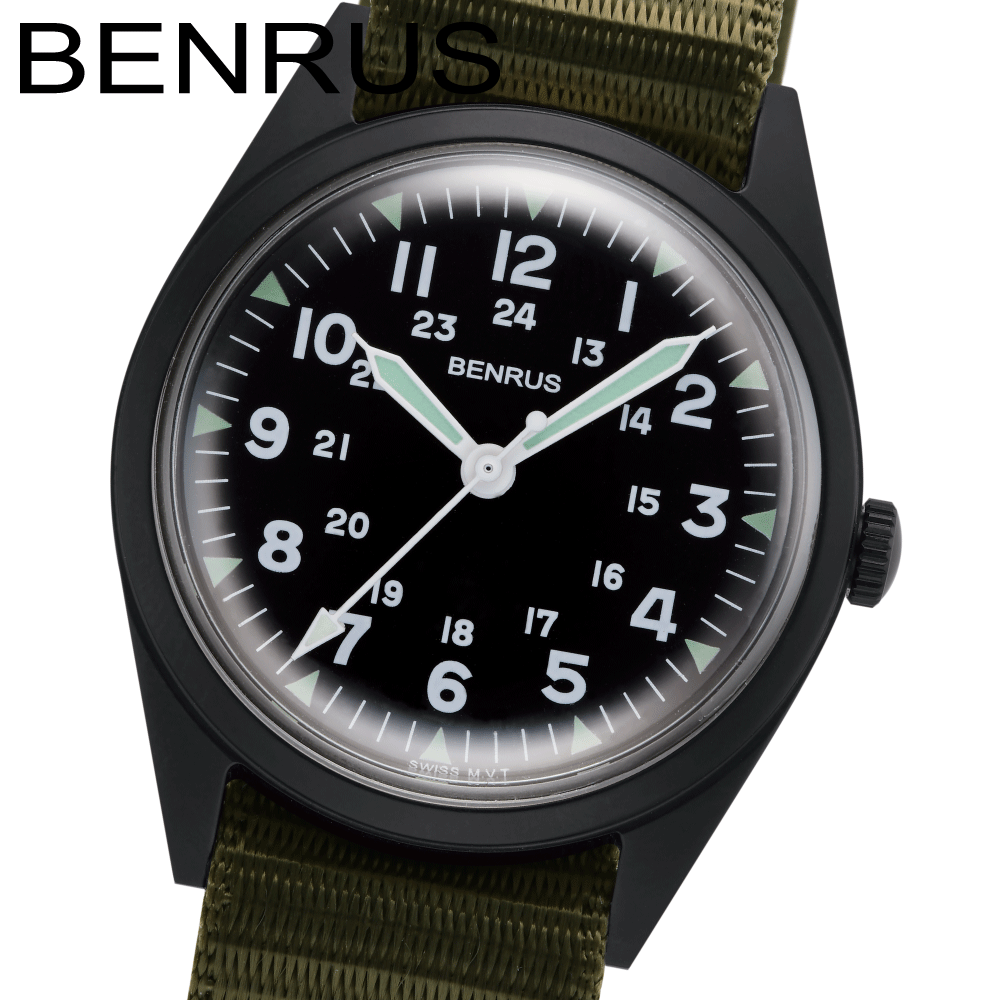 ベンラス 時計 ミリタリーウォッチ 腕時計 メンズ BENRUS DTU-2A-P-BKKH ミリタリーウォッチ 軍用時計 34mm ストラップ ユニセックス カジュアルウォッチ 防水 3針 クォーツ アウトドア サバゲ…