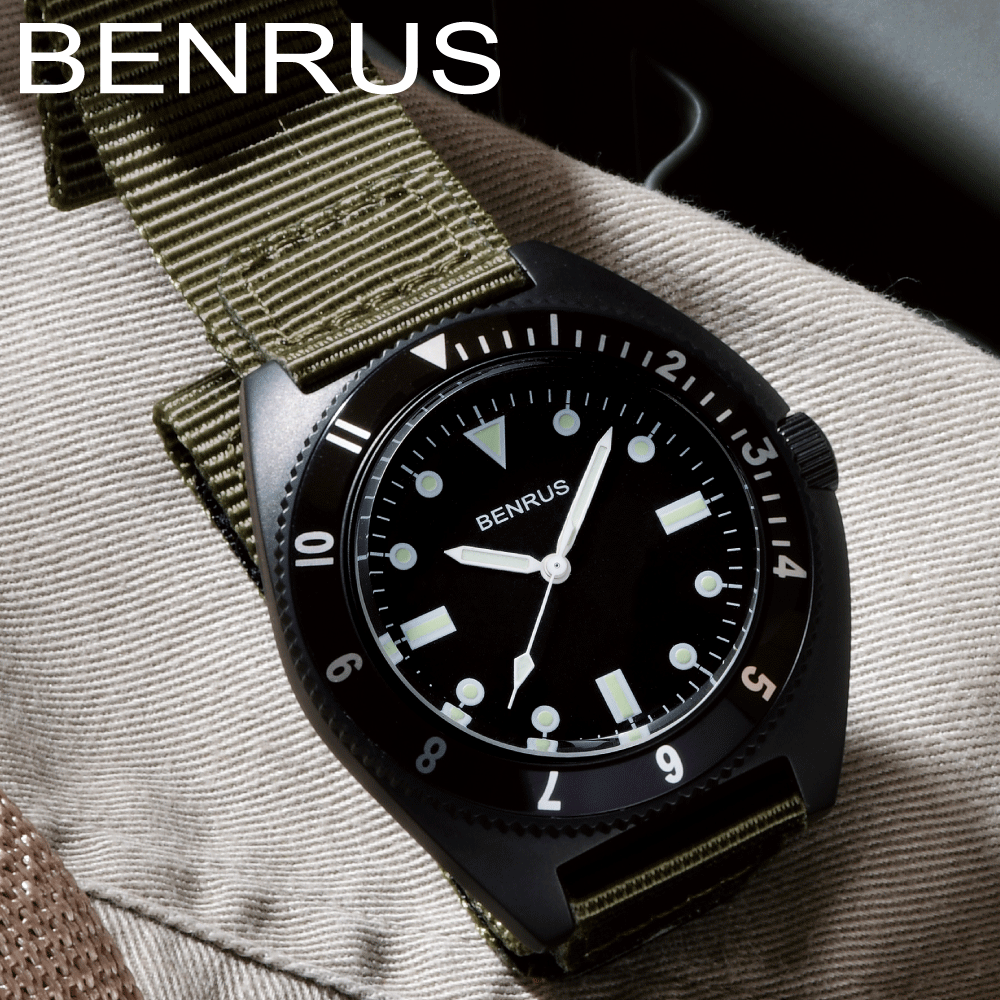 ベンラス 時計 ミリタリーウォッチ 腕時計 メンズ BENRUS TYPE-I BLACK COMBAT KHAKI ミリタリーウォッチ 軍用時計 42mm ナイロンベルト カジュアルウォッチ 防水 3針 クォーツ アウトドア サバゲー ミリタリ アメリカ軍 蓄光 かっこいい メンズウォッチ カーキ KHAKI