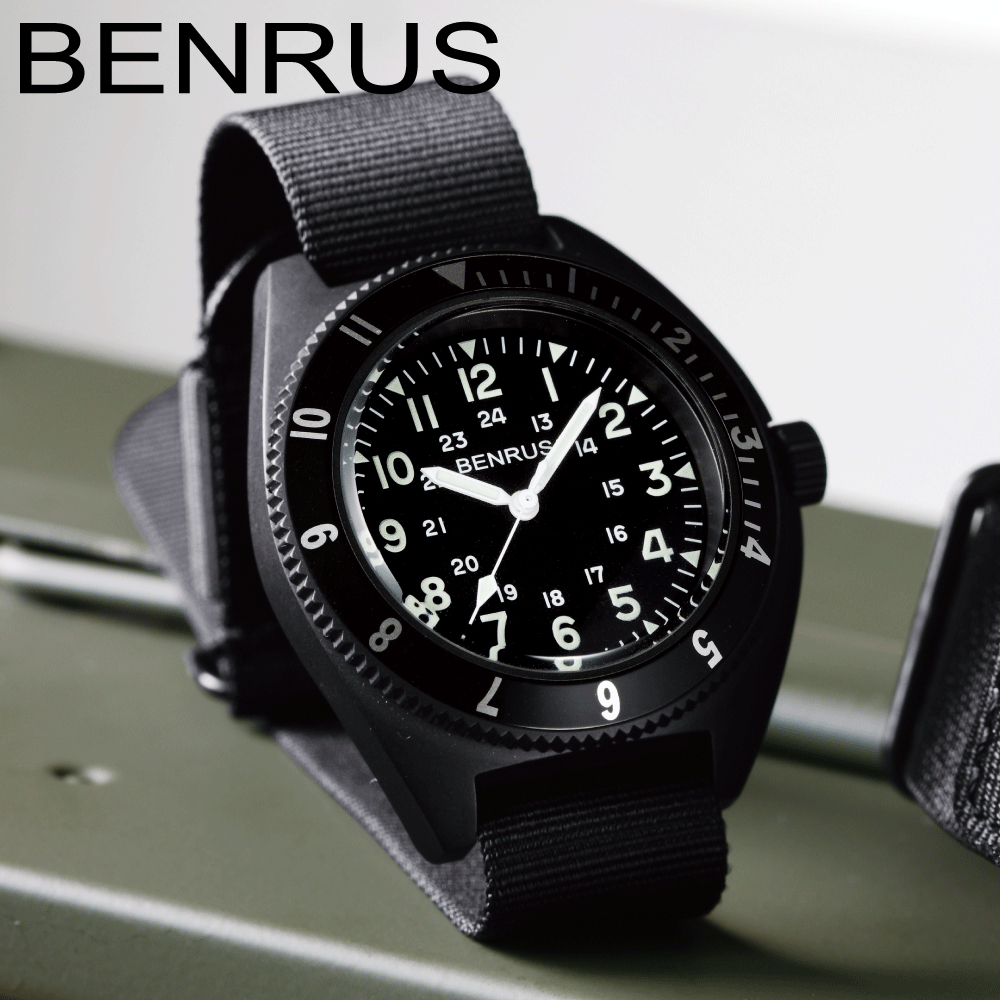 楽天東京ウォッチスタイルベンラス 時計 ミリタリーウォッチ 腕時計 メンズ BENRUS TYPE-II BLACK COMBAT BLACK ミリタリーウォッチ 軍用時計 42mm ナイロンベルト カジュアルウォッチ 防水 3針 クォーツ アウトドア サバゲー ミリタリ アメリカ軍 蓄光 かっこいい メンズウォッチ ブラック 黒