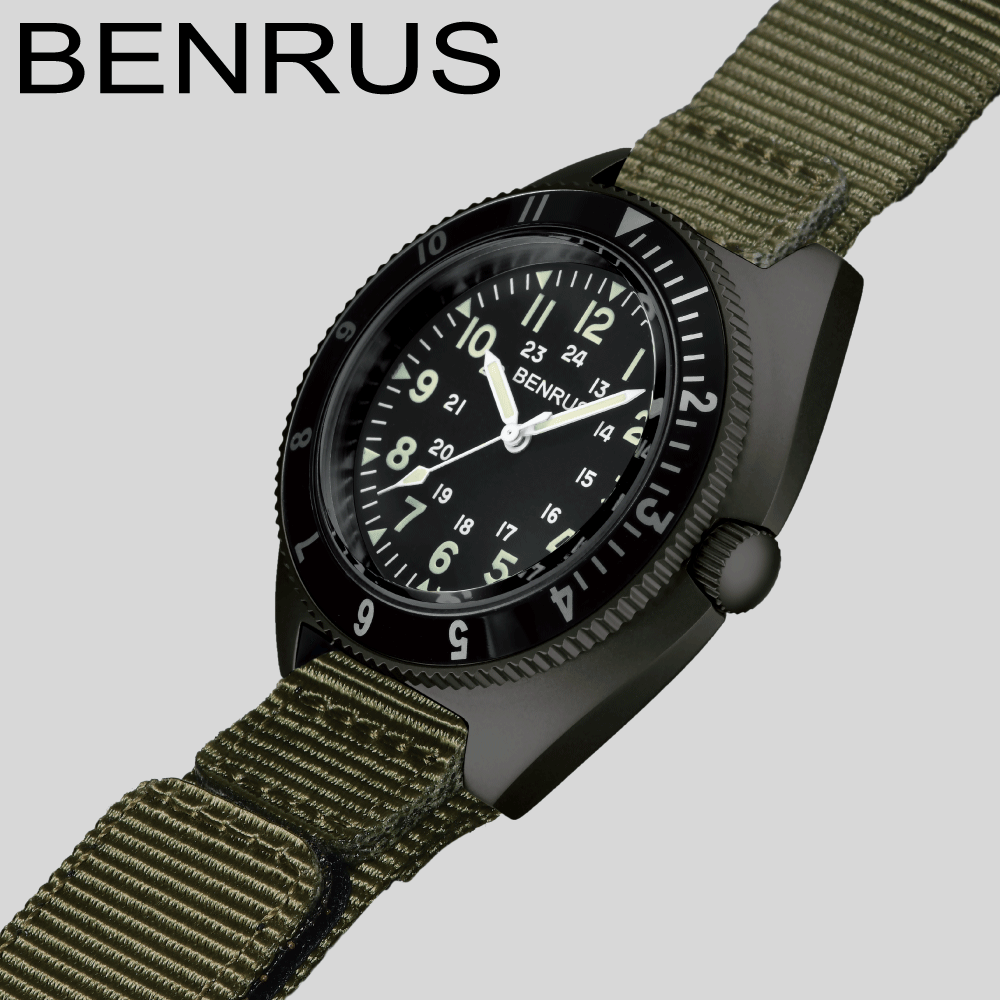 ベンラス 時計 ミリタリーウォッチ 腕時計 メンズ BENRUS TYPE-II BLACK COMBAT KHAKI ミリタリーウォッチ 軍用時計 42mm ナイロンベルト カジュアルウォッチ 防水 3針 クォーツ アウトドア サバゲー ミリタリ アメリカ軍 蓄光 かっこいい メンズウォッチ ブラック 黒