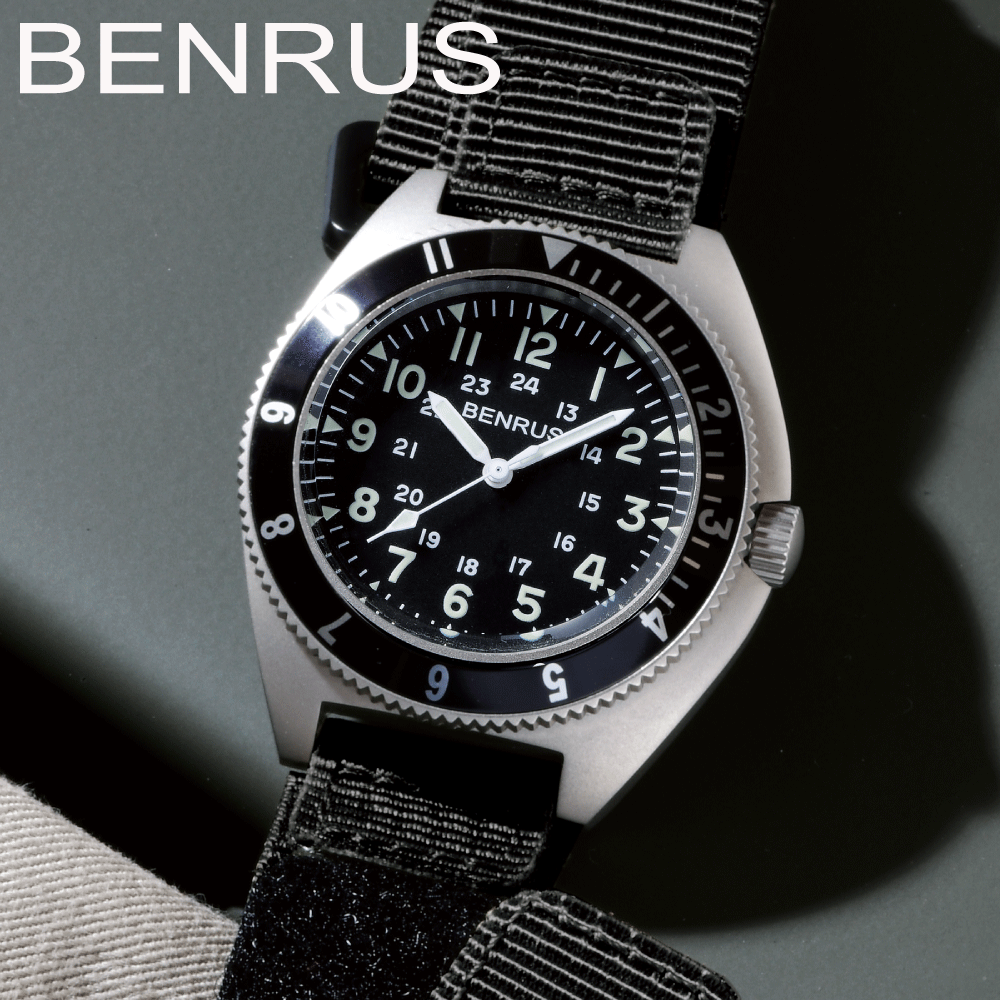 ベンラス ベンラス 時計 ミリタリーウォッチ 腕時計 メンズ BENRUS TYPE-II SILVER COMBAT BLACK ミリタリーウォッチ 軍用時計 42mm ナイロンベルト カジュアルウォッチ 防水 3針 クォーツ アウトドア サバゲー ミリタリ アメリカ軍 蓄光 かっこいい メンズウォッチ ブラック 黒