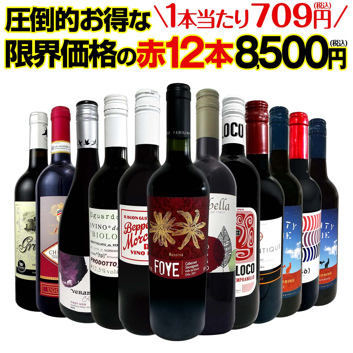 【送料無料】第30弾！1本あたり709円(税込)！特選スーパーバリュー赤！当店厳選の旨安赤ワインだけ！圧倒的お得な限界価格の赤12本8,500円(税込)！