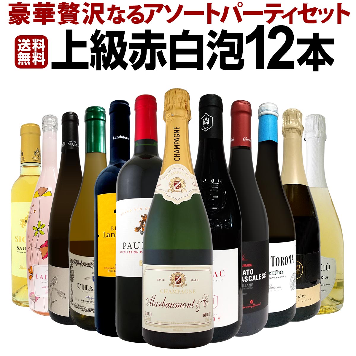 【送料無料】豪華贅沢なるアソートパーティ12本セット！わずか1本あたり1,667円(税別)でこの高級ラインナップ！お得感満載の上級赤白泡12本セット！