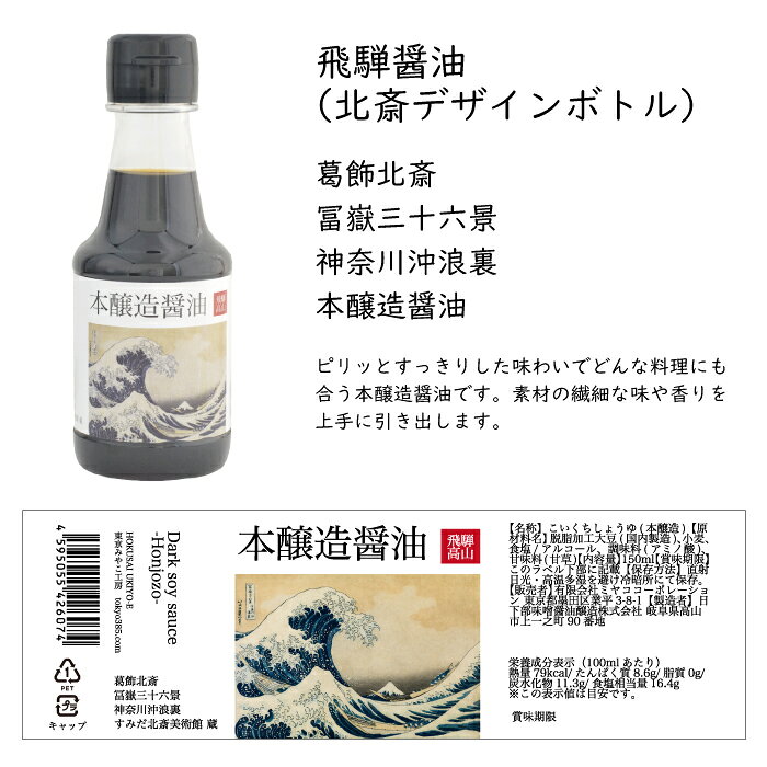 飛騨醤油 北斎デザインボトル 本醸造醤油 150ml 飛騨高山 木桶仕込み 葛飾北斎 冨...