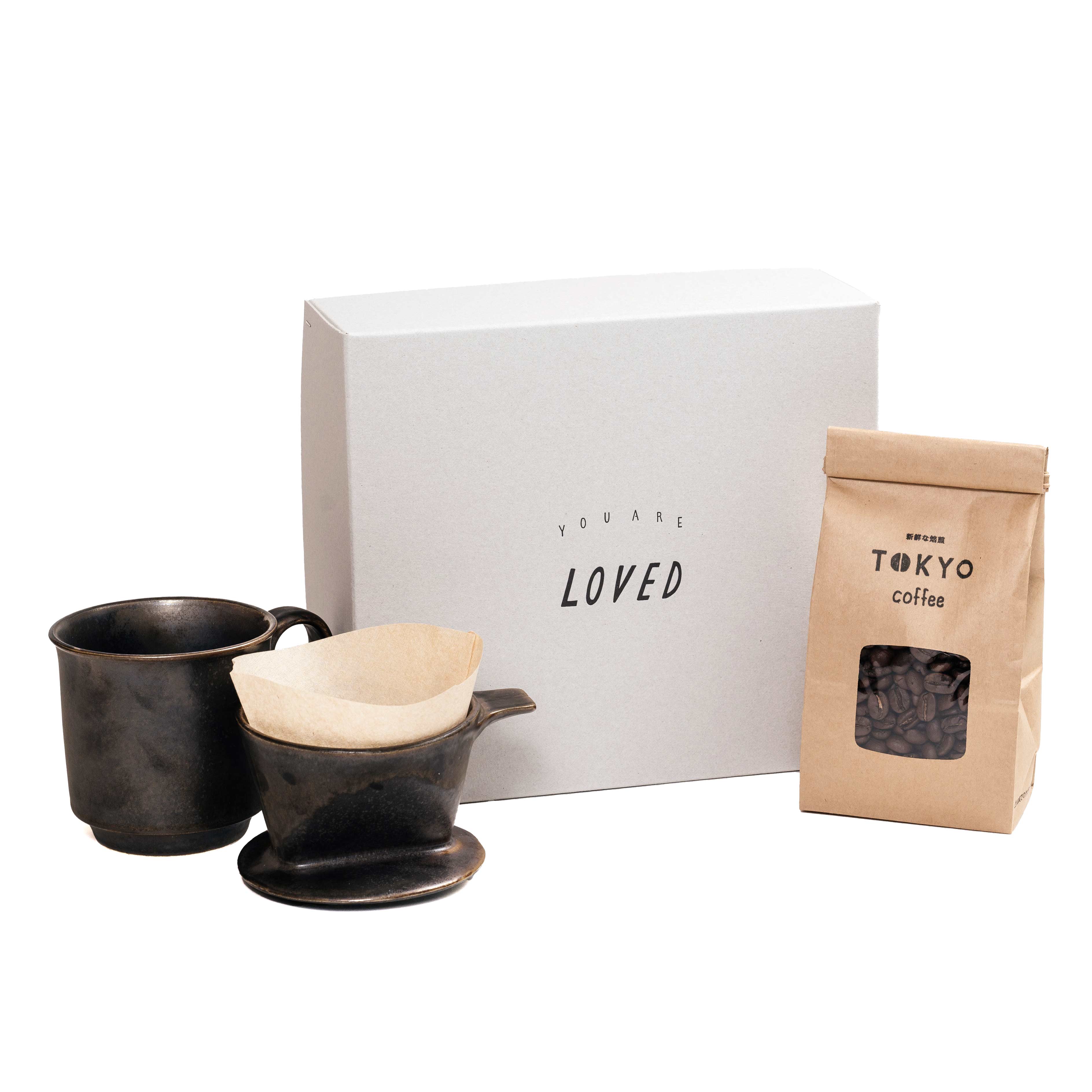 オーガニックコーヒー豆 150g x Ancient Pottery Set エイシェントポタリー アンティーク食器 アンティークマグ カトラリー コーヒードリッパー おしゃれ コラボ プレゼント エコ マグカップ・ドリッパー・フィルター と TOKYO COFFEE の ギフトボックス セット