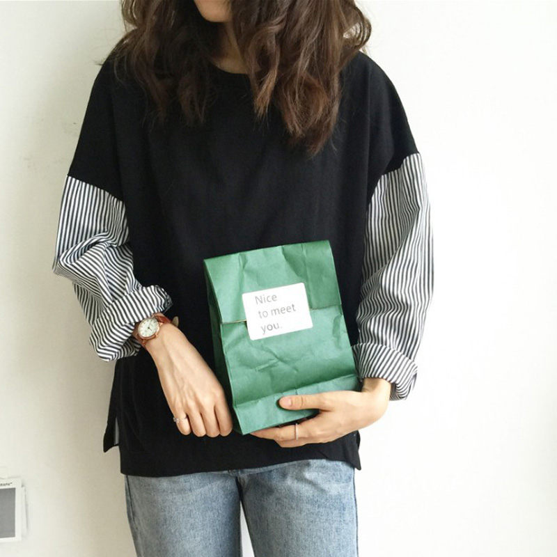 東京ECストアのカットソー 長袖 レディース Tシャツ 切り替え トップス チュニック tシャツ 春 夏 秋 ドッキング おしゃれ きれいめ 長袖tシャツ ストライプ 柄 大きいサイズ ゆったり プルオーバー ドッキングTシャツ クルーネック 着痩せ 体型カバー 春秋 大人可愛い 40代 50代 送料無料｜アングル2