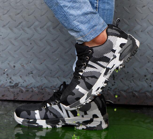 グレー カジュアル 迷彩柄 通気 防滑 釘踏み抜き防止 作業靴 アウトドア トレッキング メンズ 安全靴 ..