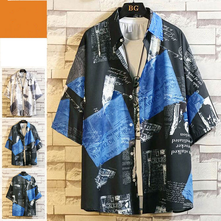 2021 夏服 プリント チェック 英文字 おしゃれ 総柄シャツ 五分袖 40代 メンズ