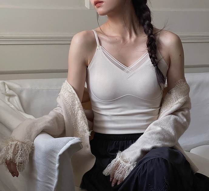 フェ 細身 スリム 襟なし Vネック ノースリーブ 袖なし ミディアム トップス レディース インナー キャミソール フロントレース