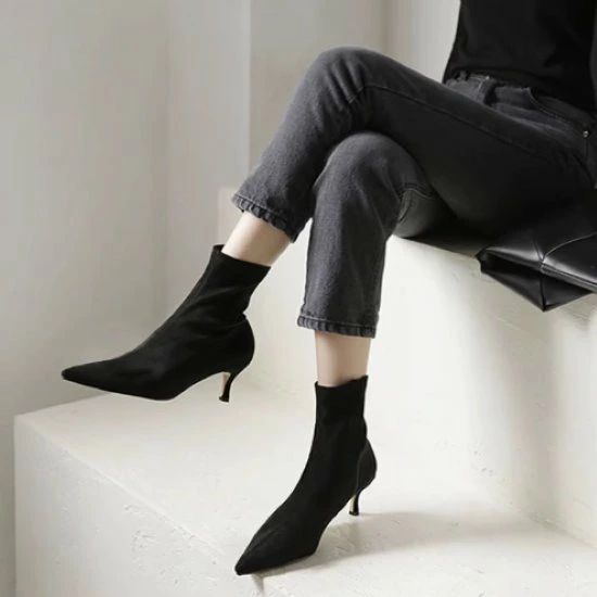 ブラック 黒 無地 シンプル 選べるヒール スティレットヒール ポインテッドトゥ スリム ソックスブーツ シューズ 靴 レディース