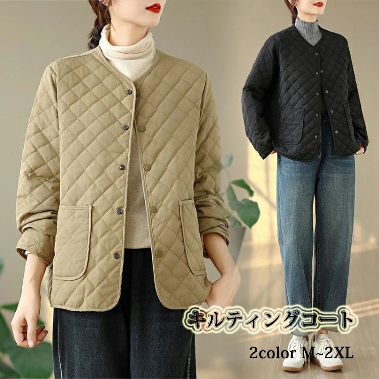 ダ レディース 秋冬 体型カバー 高見え 中綿ジャケット 上着 羽織り アウター コート ジャケット キルティング 配色 ノーカラー(4.0)